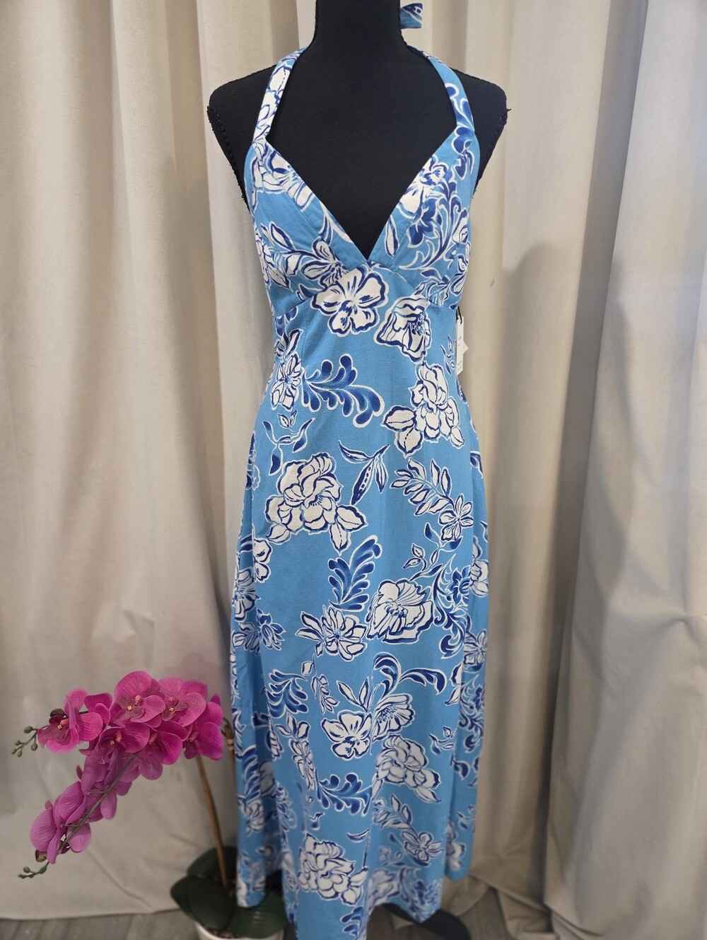 Halter V-Neck Floral Maxi Dress in Sky Blue